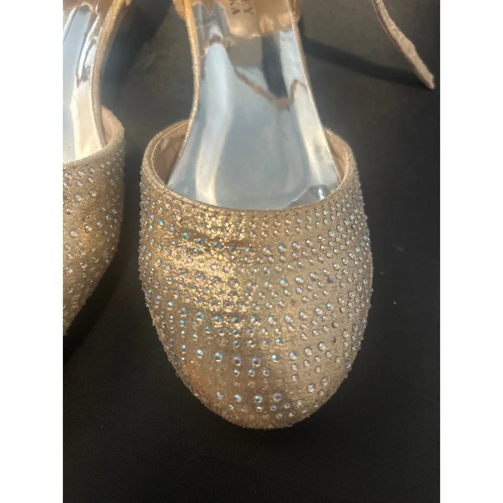 Badgley Mischka Girls Gold Glitter Rhinestone Ankle Strap‎ Dress Shoes Size 2